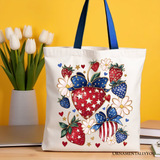 Patriotic Boho Strawberries Bouquet Canvas Tote Bag, 4th of July Festive Patch Gift