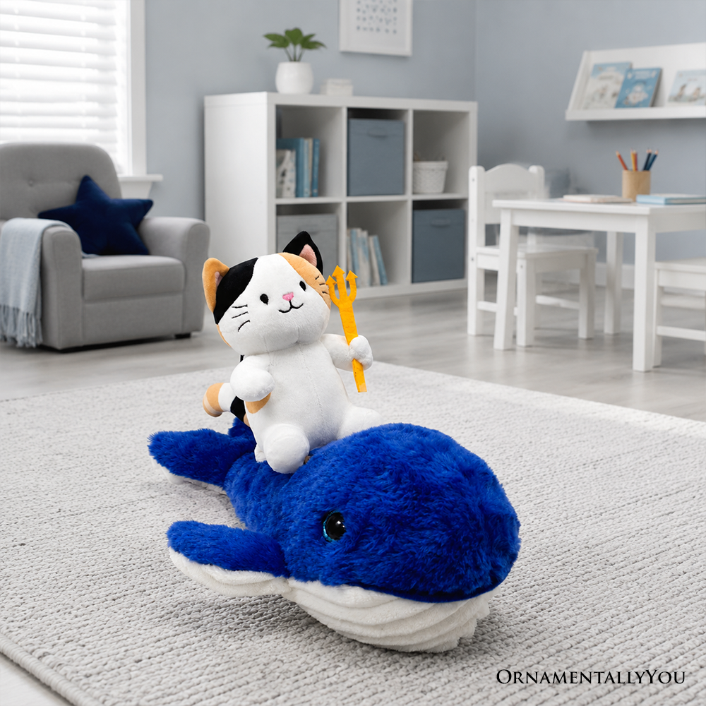Pawseidon Cat Riding a Whale Plushie Set, 16" Funny Ocean Stuffed Animal Gift for Kids and Teens