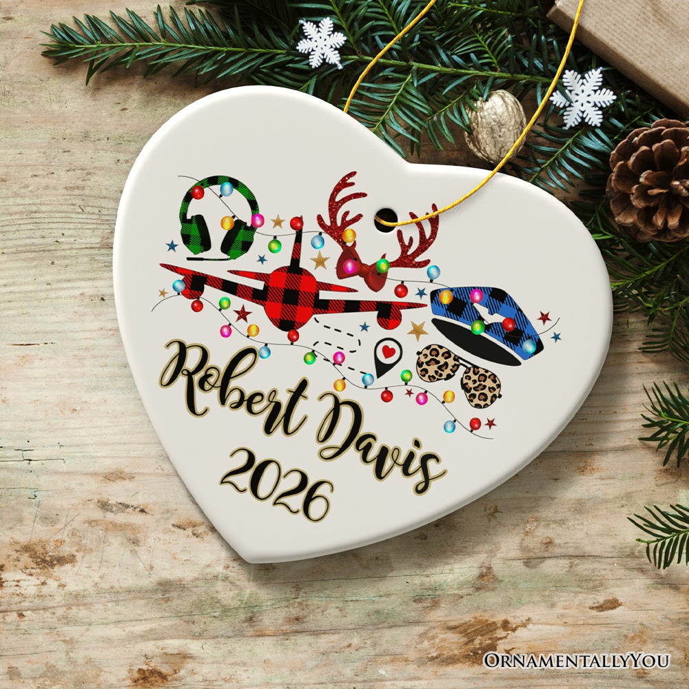 Personalized Airplane Pilot Buffalo Plaid Christmas Ornament, Flight Aircraft Crew Gift Holiday Decoration