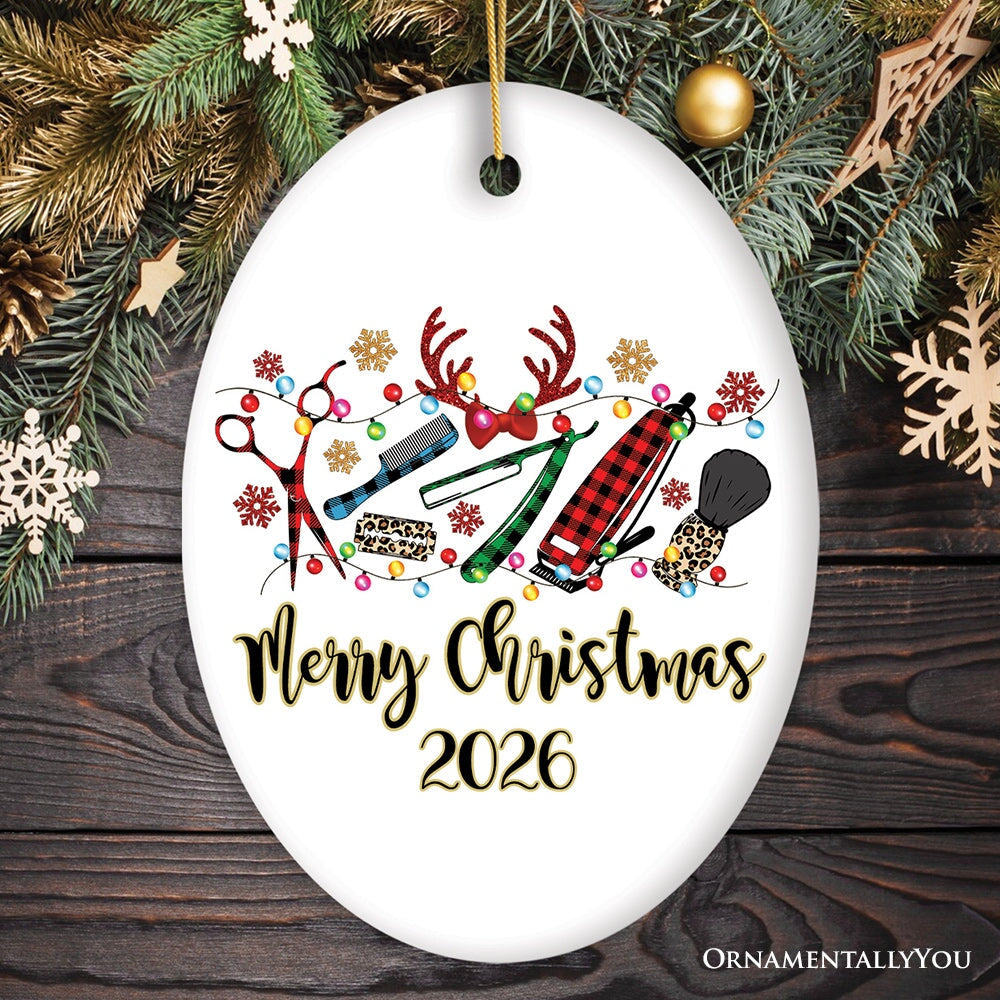 Personalized Barber Buffalo Plaid Leopard Merry Christmas Ornament, Barbershop Gift