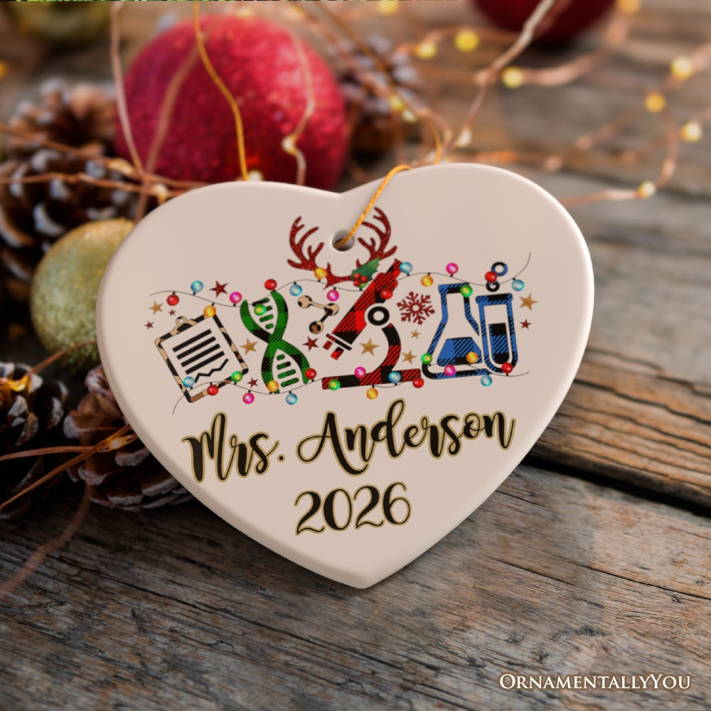 Personalized Science Plaid Christmas Ornament, Gift for Scientist or Researcher, Lab Tools like Flasks and Microscope