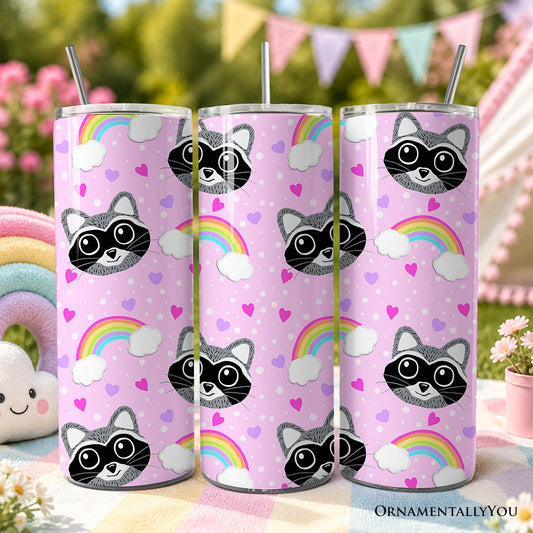 Pink Raccoon Rainbow Pattern 20oz Personalized Tumbler With Lid and Stainless Steel Straw, Colorful Woodland Animal Gift Cup
