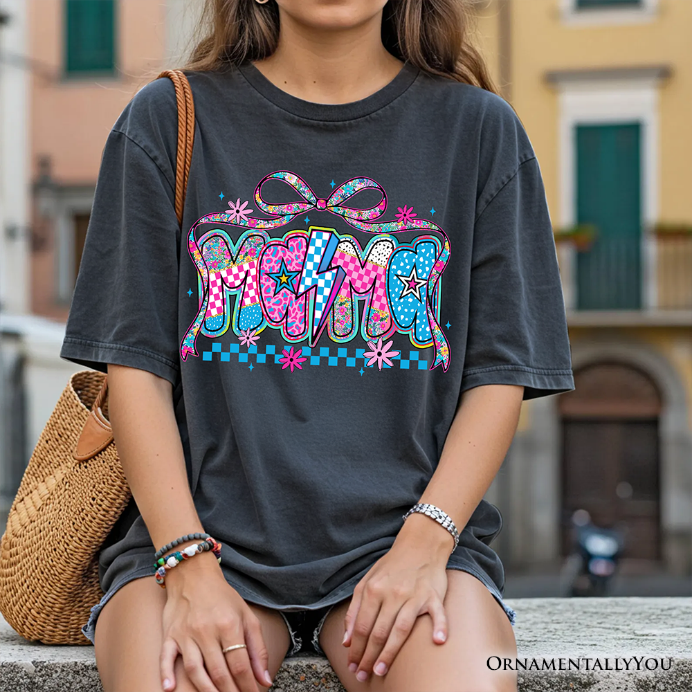 Preppy Mama Checkered Retro T-Shirt, Lightning Bolt Mom Tee