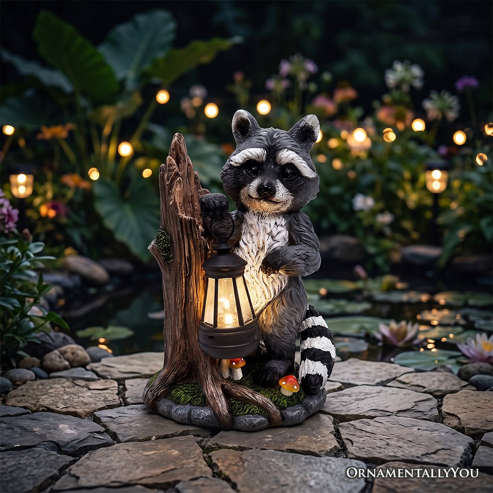 Raccoon Solar Lamp Garden Statue, 9" Lighted Animal Figurine Outdoor Decor