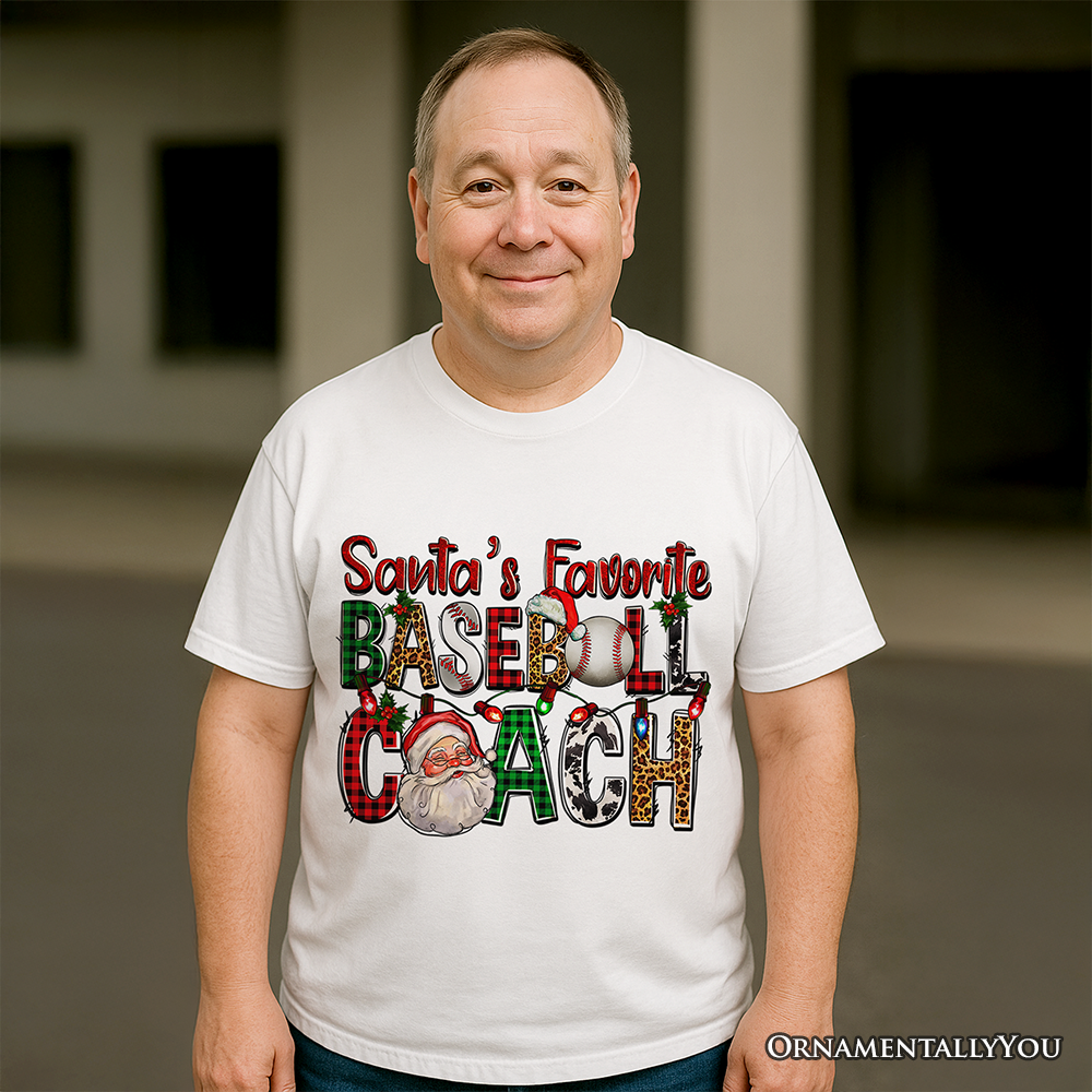 Santa’s Favorite Baseball Coach Plaid Christmas T-Shirt, Sports Team Holiday Tee