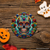 Sugar Skull Stained Glass Themed Ceramic Ornament, Day of the Dead Mexican Christmas Gift