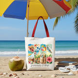 Summer Vibes Canvas Tote Bag, Beach Gift Shopper with Coconut and Flowers