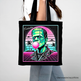 Vaperwave Frankenstein Retro Neon Horror Canvas Tote Bag, Synthwave 80's Styled Classic Halloween Gift