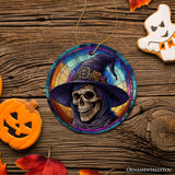 Witchy Grin Skull with Hat and Scarf Stained Glass Style Ceramic Ornament, Halloween Themed Christmas Gift and Decor