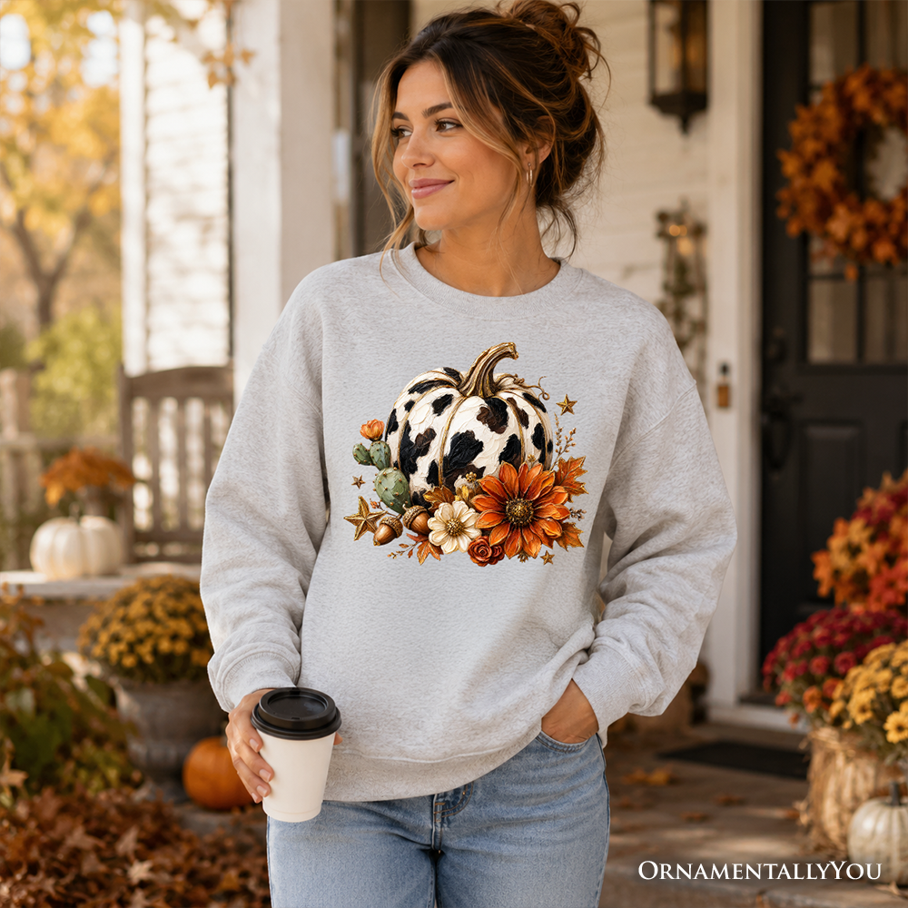 Cow Pumpkin Floral Sweatshirt, Western Autumn Harvest Sweater