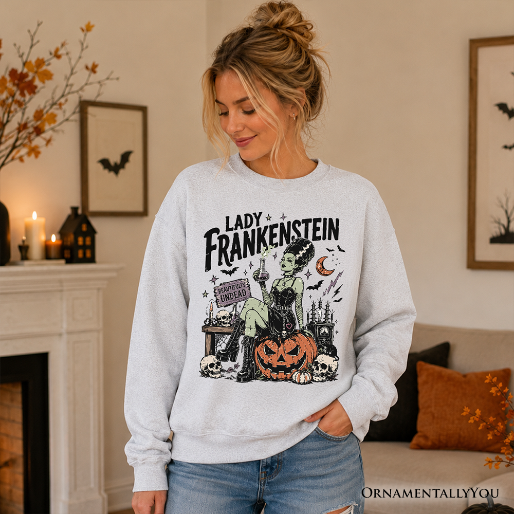 Lady Frankenstein Sweatshirt, Vintage Gothic Beautifully Undead Halloween Sweater