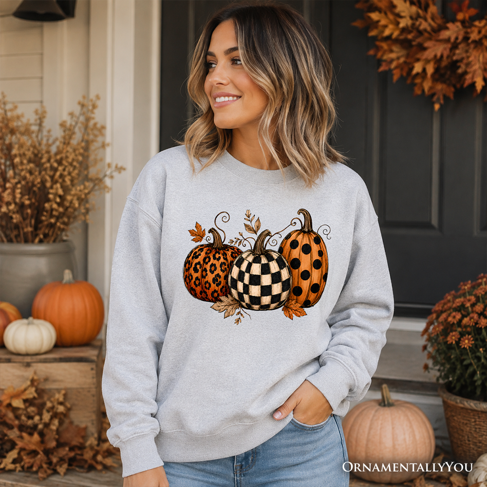 Leopard Checkered Pumpkin Sweatshirt, Autumn Fall Sweater
