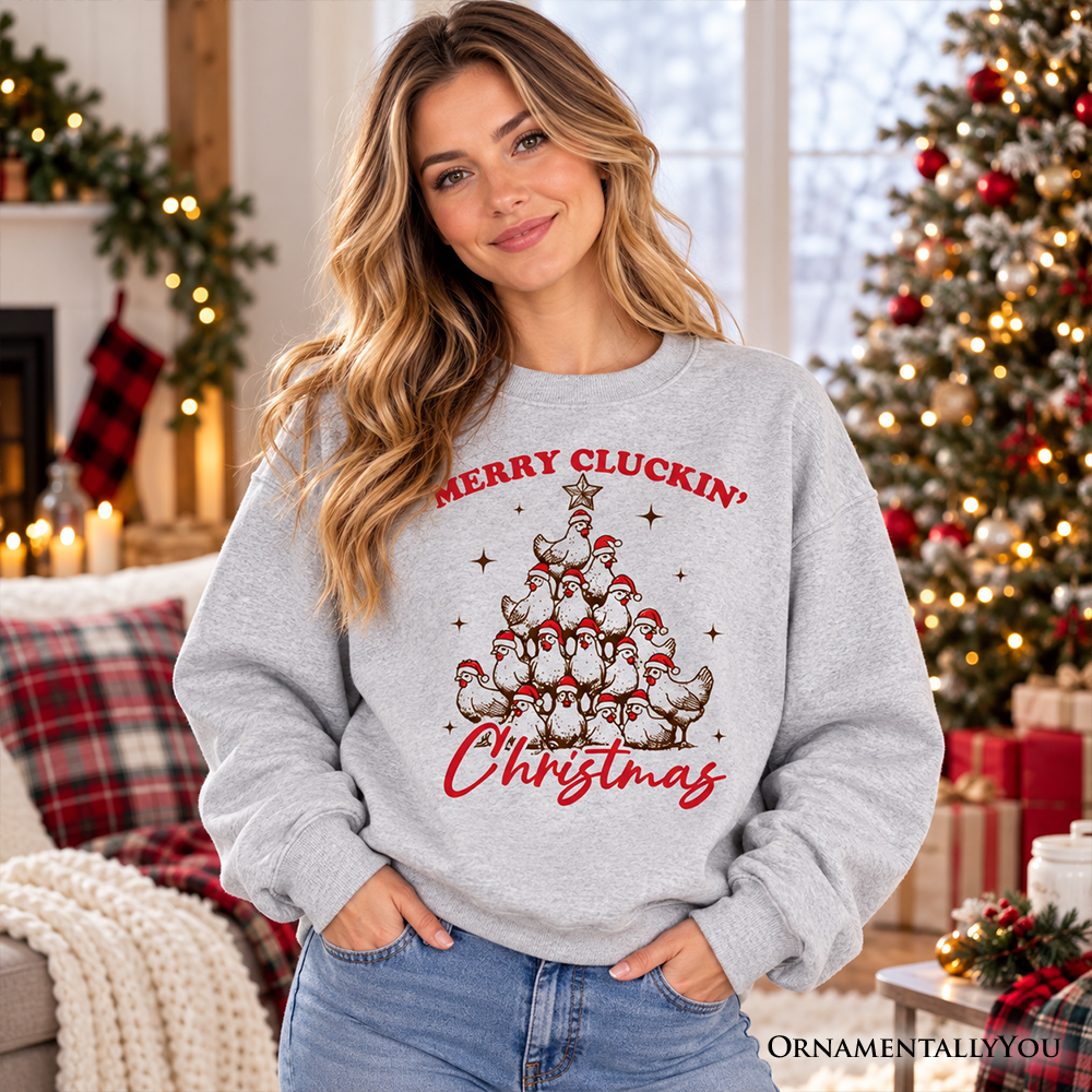 Merry Cluckin' Christmas Tree Sweatshirt, Funny Santa Hat Chicken Farmhouse Sweater