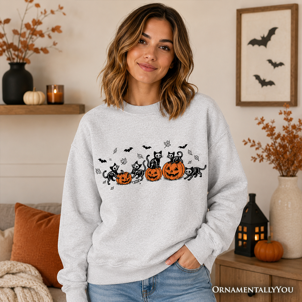 Skeleton Cats and Pumpkins Sweatshirt, Spooky Halloween Black Cat Sweater