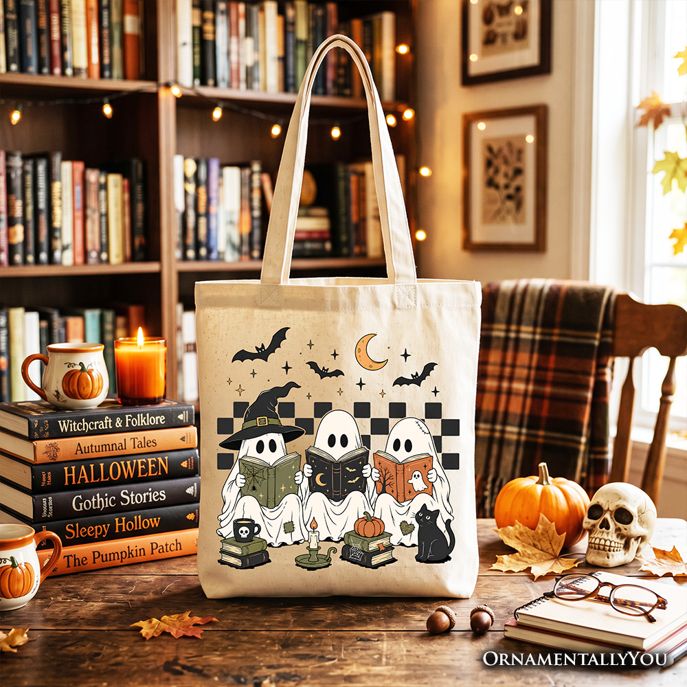 Bookish Ghosts Reading Tote Bag, Checkered Halloween Witch Cat Gift Shopper