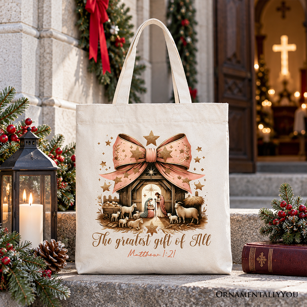 Holy Night Nativity Scene Jesus Tote Bag, The Greatest Gift of All Matthew 1:21 Christian Christmas Gift Shopper