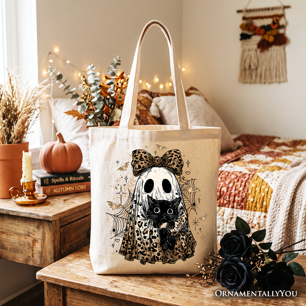 Leopard Bow Ghost with Black Cat Tote Bag, Spooky Halloween Spider Web Gift Shopper