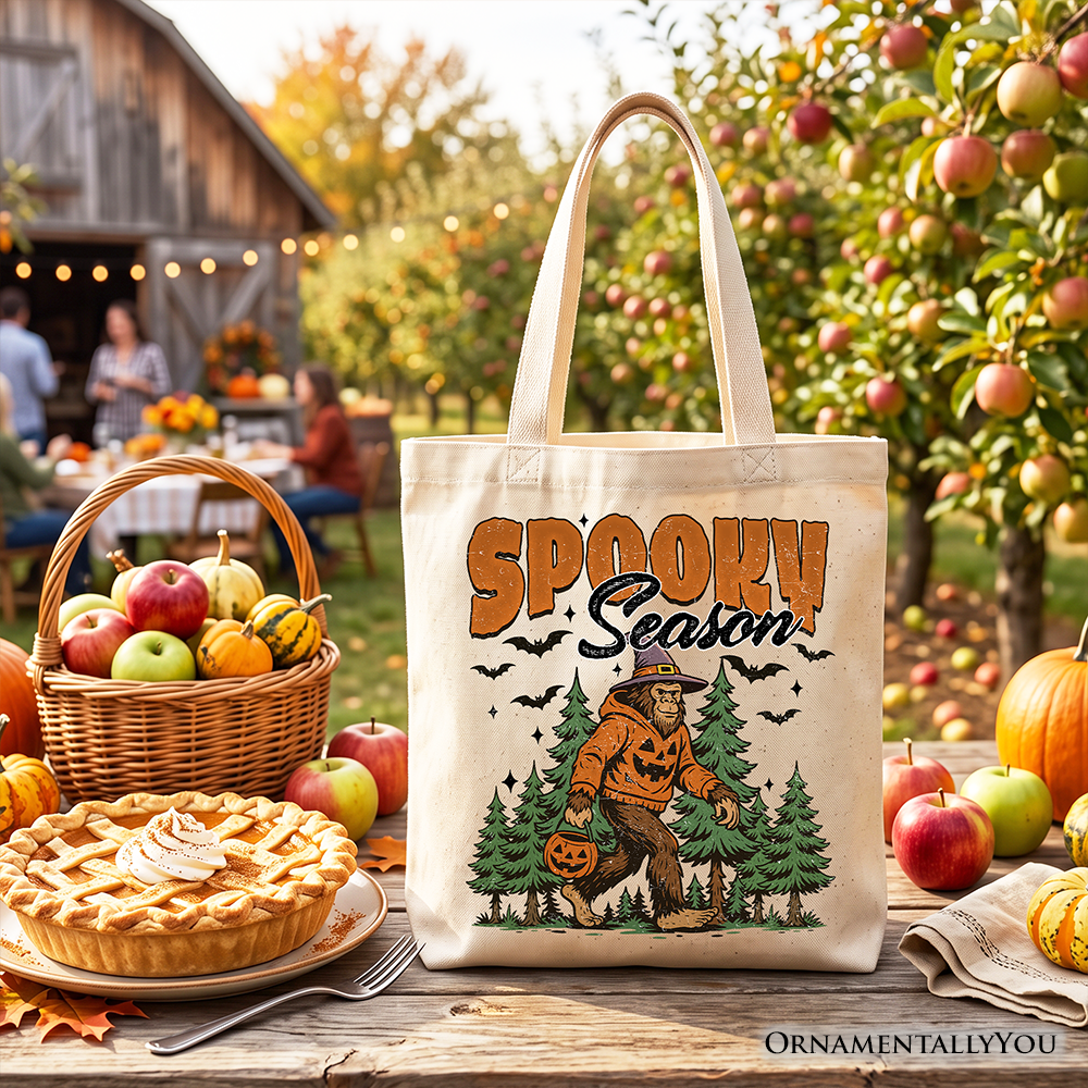 Spooky Season Bigfoot Tote Bag, Halloween Sasquatch Pumpkin Gift Shopper