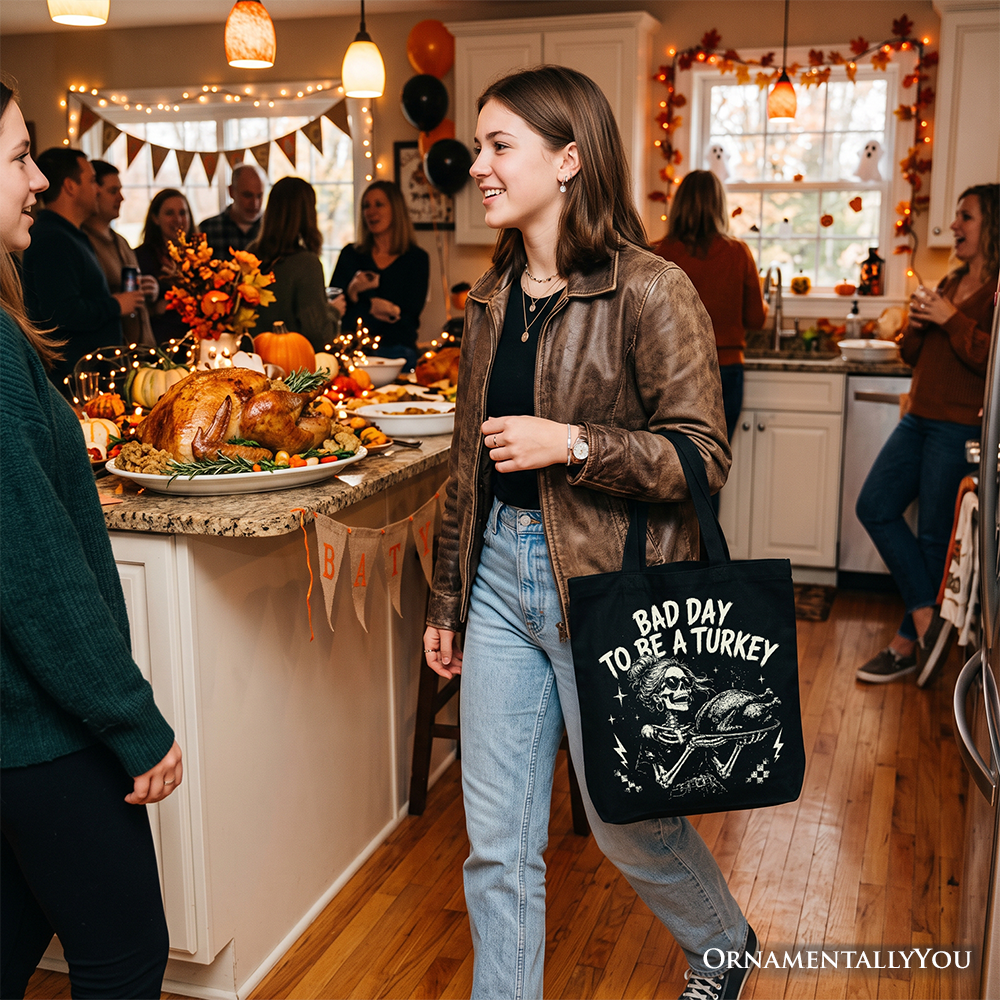 Bad Day to Be a Turkey Tote Bag, Funny Vintage Thanksgiving Skeleton Gift Shopper