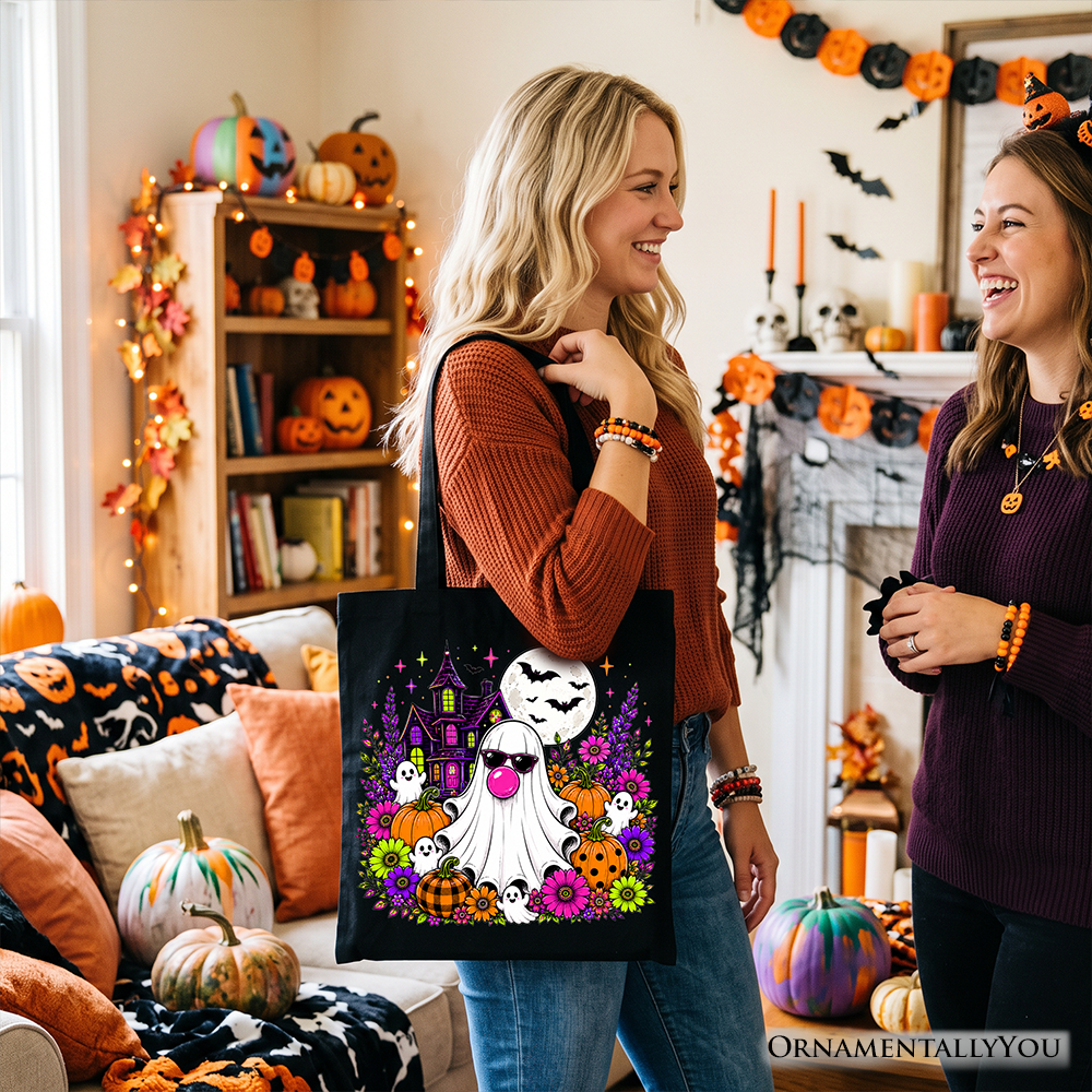 Bubblegum Ghost Haunted House Tote Bag, Colorful Floral Halloween Pumpkin Gift Shopper