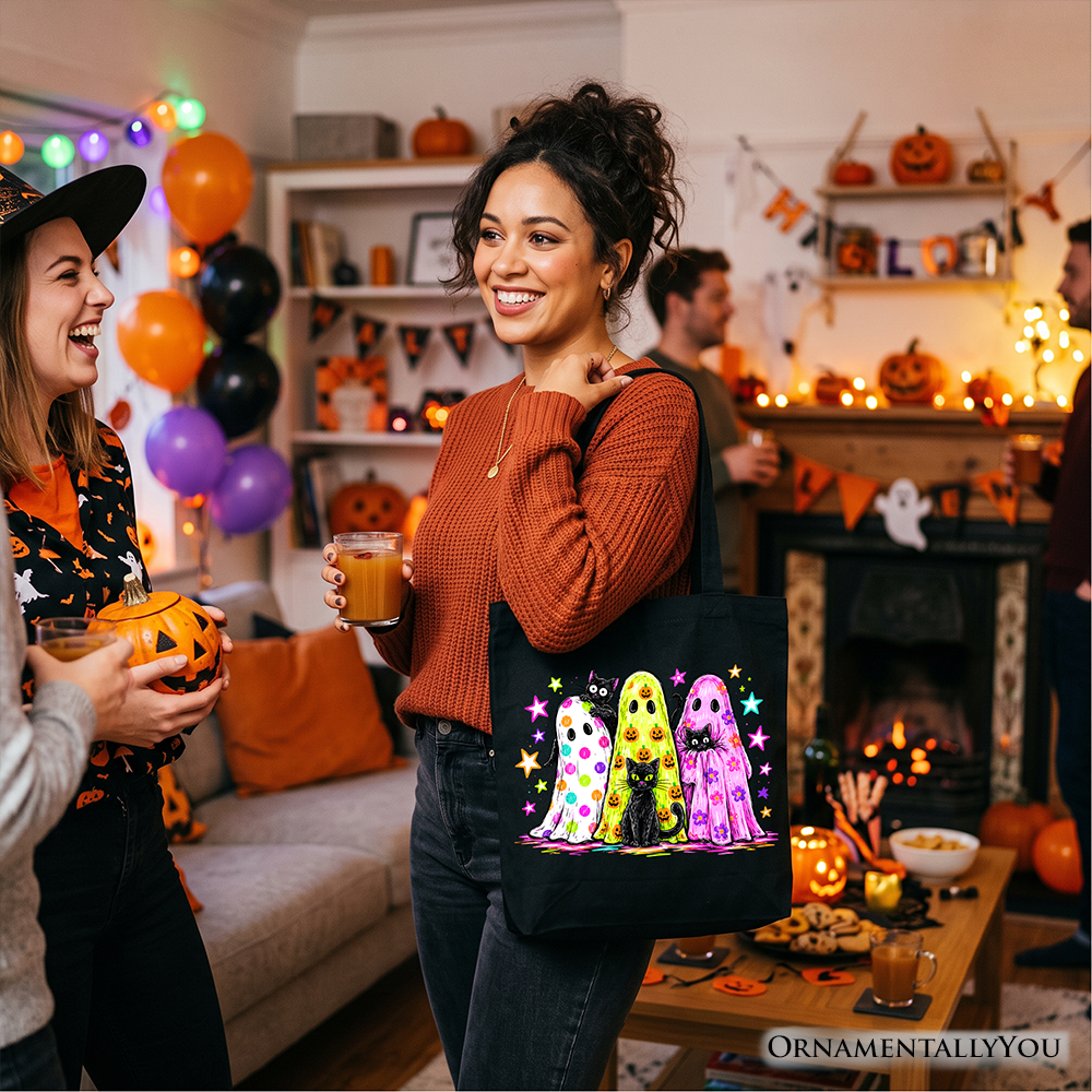 Colorful Ghosts and Black Cats Tote Bag, Neon Halloween Spooky Season Gift Shopper