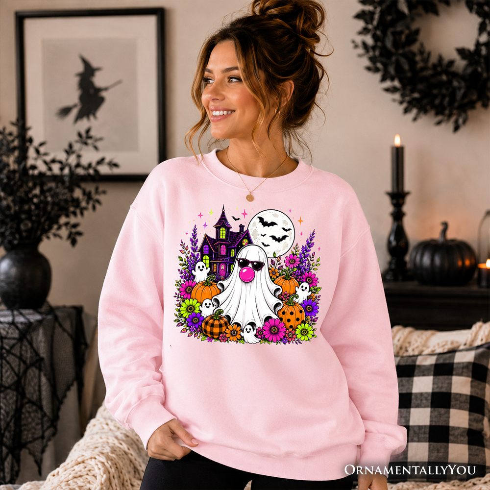 Bubblegum Ghost Haunted House Sweatshirt, Colorful Floral Halloween Pumpkin Sweater