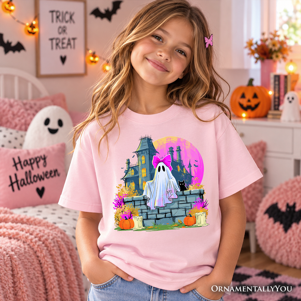 Haunted House Ghost Kids T-Shirt, Coquette Bow Halloween Tee for Youth Girls