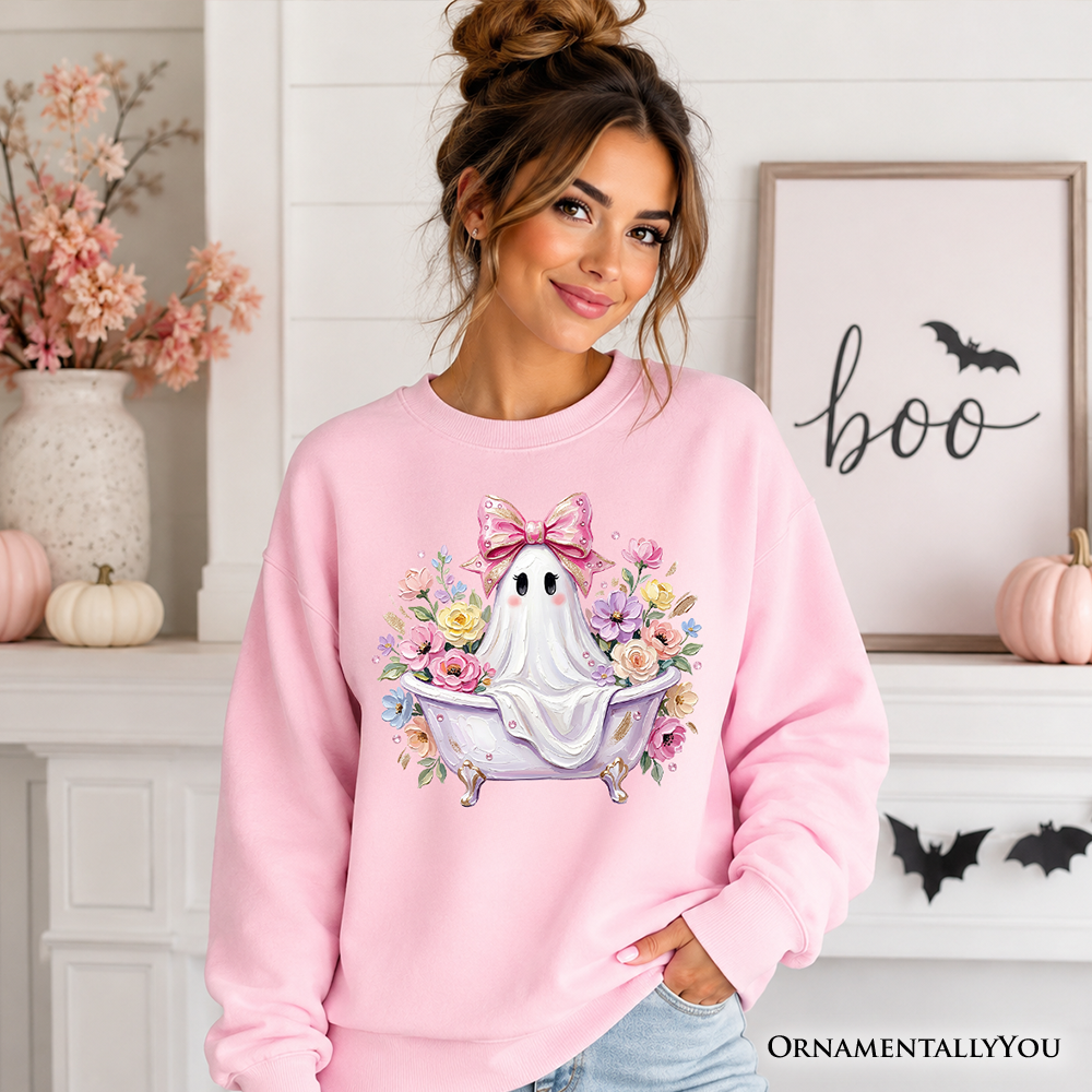 Pink Bow Bathtub Ghost Sweatshirt, Floral Coquette Halloween Sweater