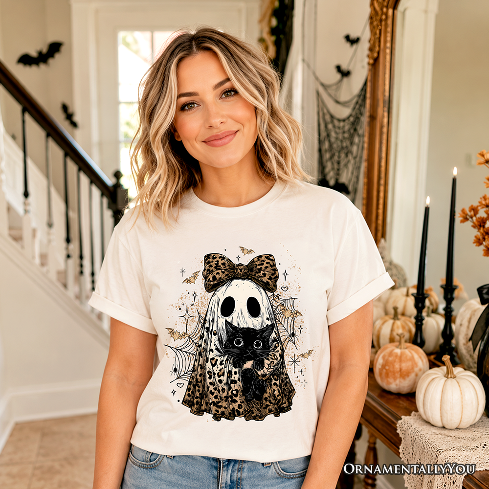 Leopard Bow Ghost with Black Cat T-Shirt, Spooky Halloween Spider Web Tee