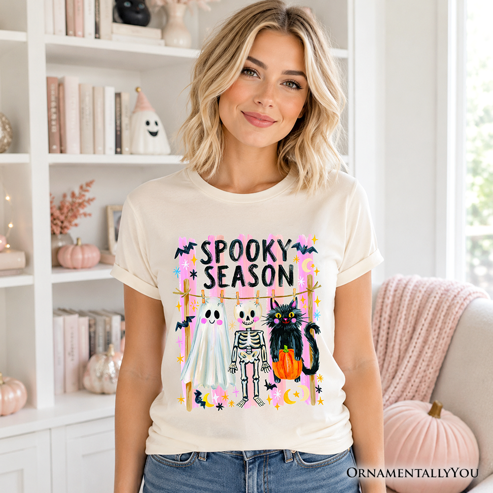 Spooky Season Ghost Skeleton Cat T-Shirt, Colorful Halloween Costume Tee
