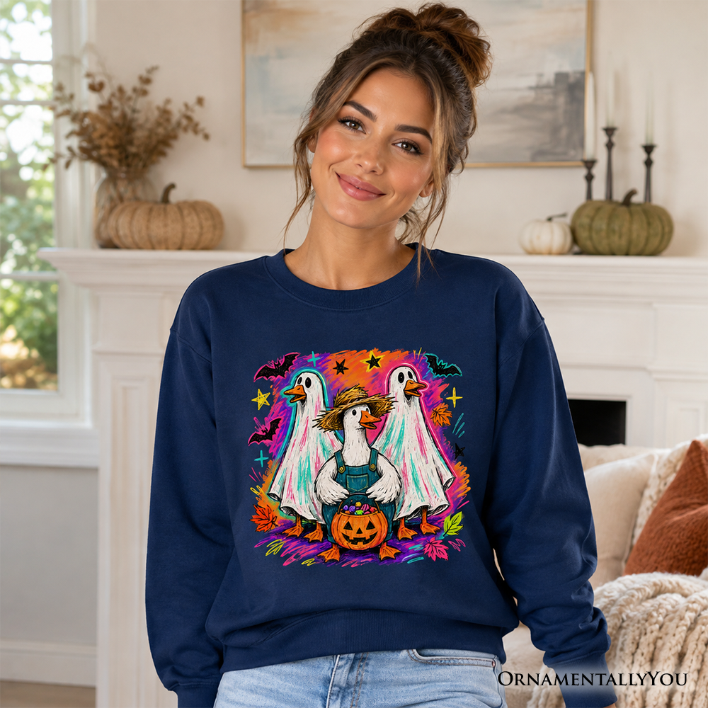 Trick or Treat Geese Sweatshirt, Colorful Halloween Ghost Costume Sweater