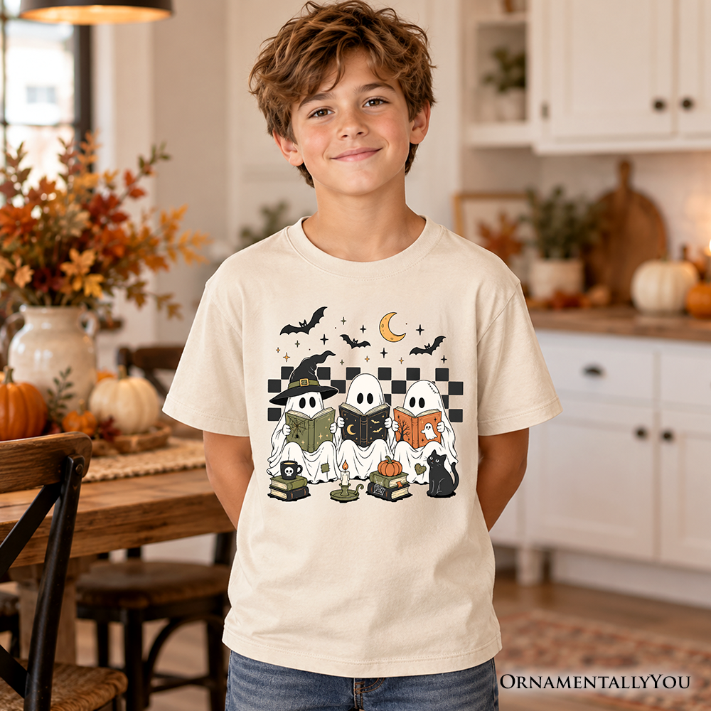Kids Bookish Ghosts Reading T-Shirt, Checkered Halloween Witch Cat Youth Tee