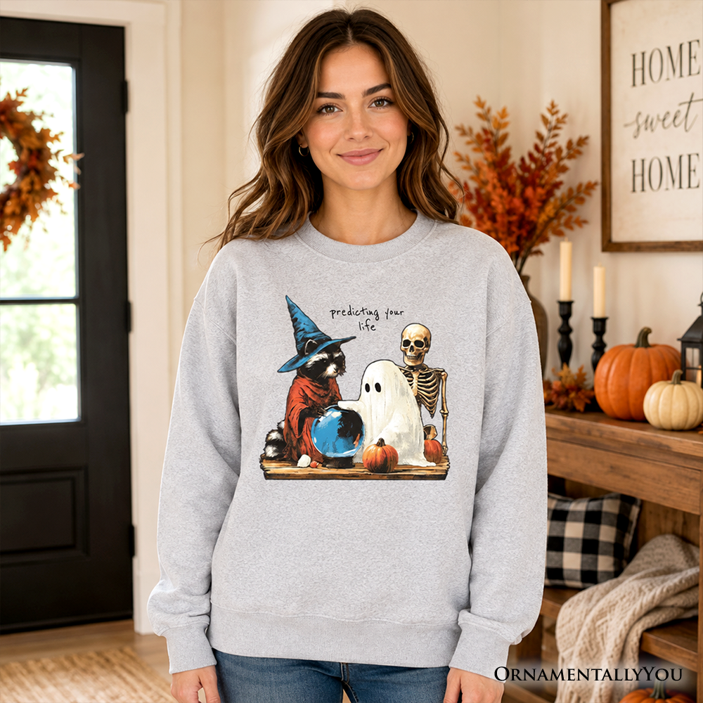 Predicting Your Life Witch Racoon Sweatshirt, Vintage Halloween Ghost Skeleton Fortune Teller Sweater