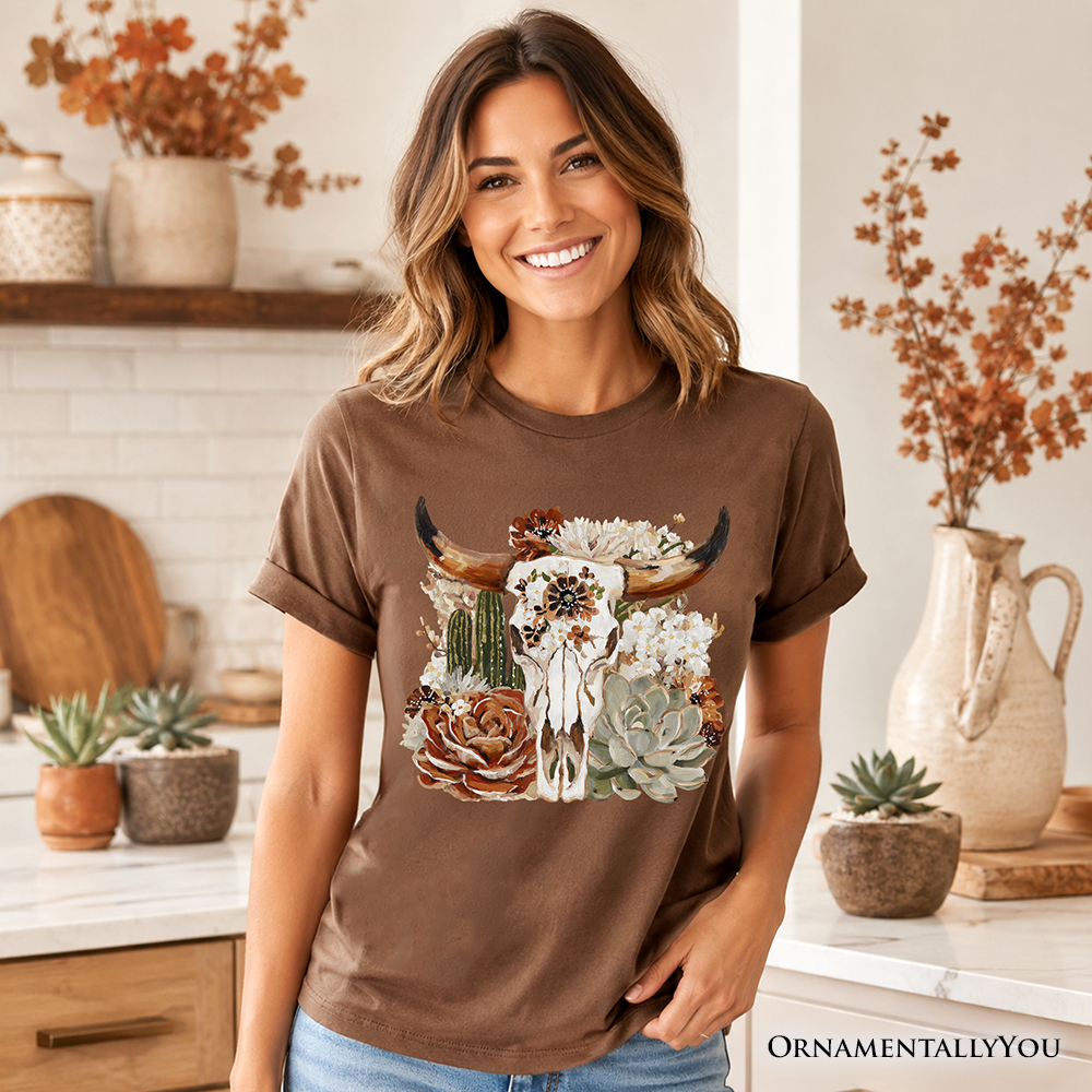 Boho Floral Cow Skull T-Shirt, Western Autumn Cowgirl Tee