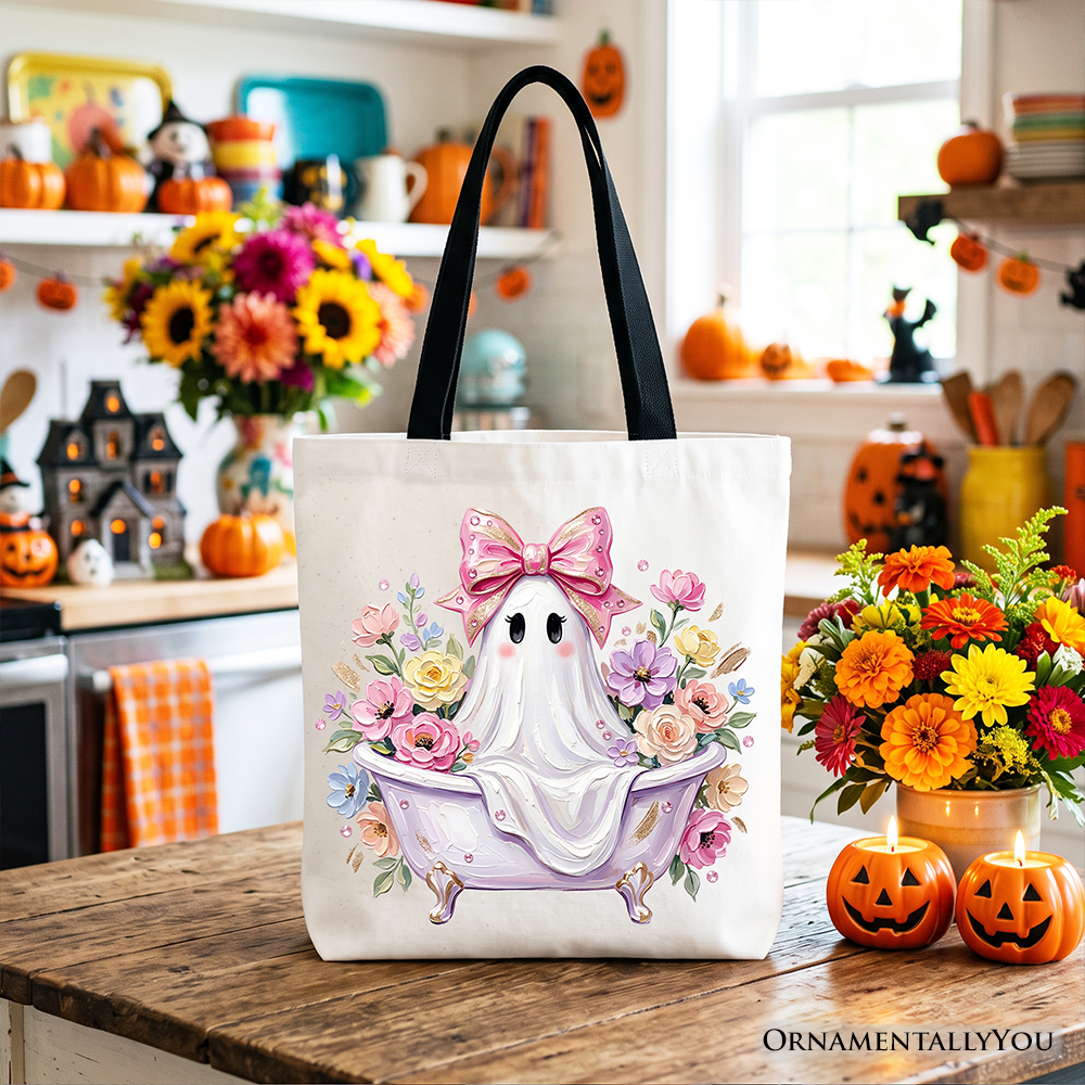 Pink Bow Bathtub Ghost Tote Bag, Floral Coquette Halloween Gift Shopper