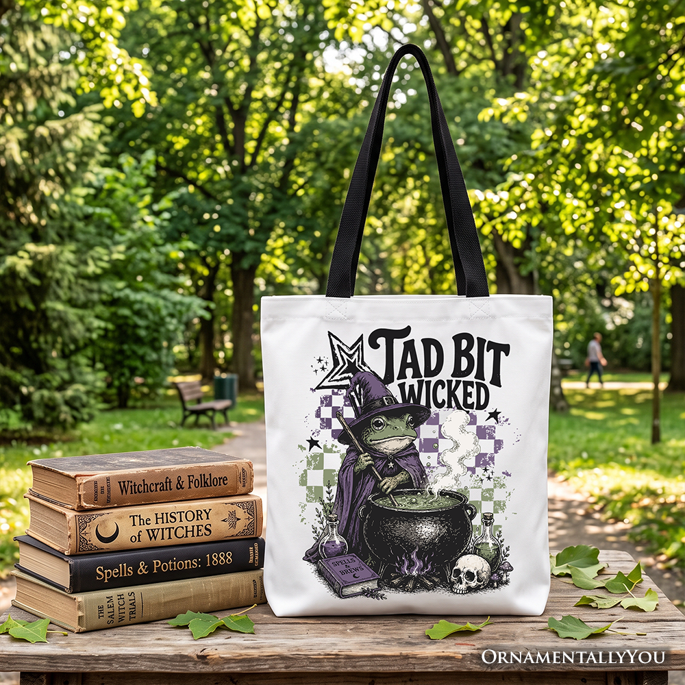 Tad Bit Wicked Frog Witch Tote Bag, Spooky Halloween Cauldron Gift Shopper