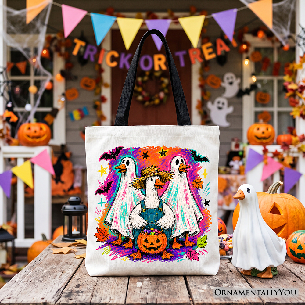 Trick or Treat Geese Tote Bag, Colorful Halloween Ghost Costume Gift Shopper
