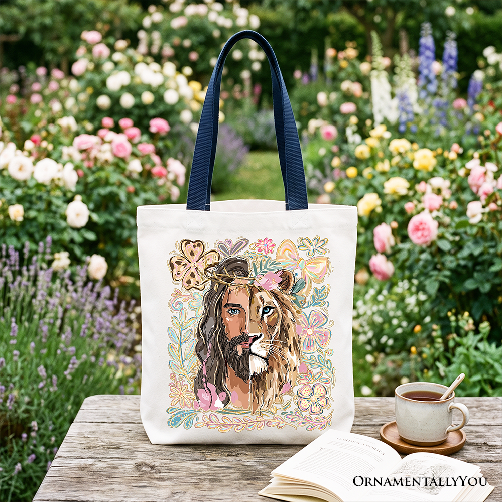 Lion of Judah Christian Tote Bag, Floral Jesus Religious Faith Gift Shopper