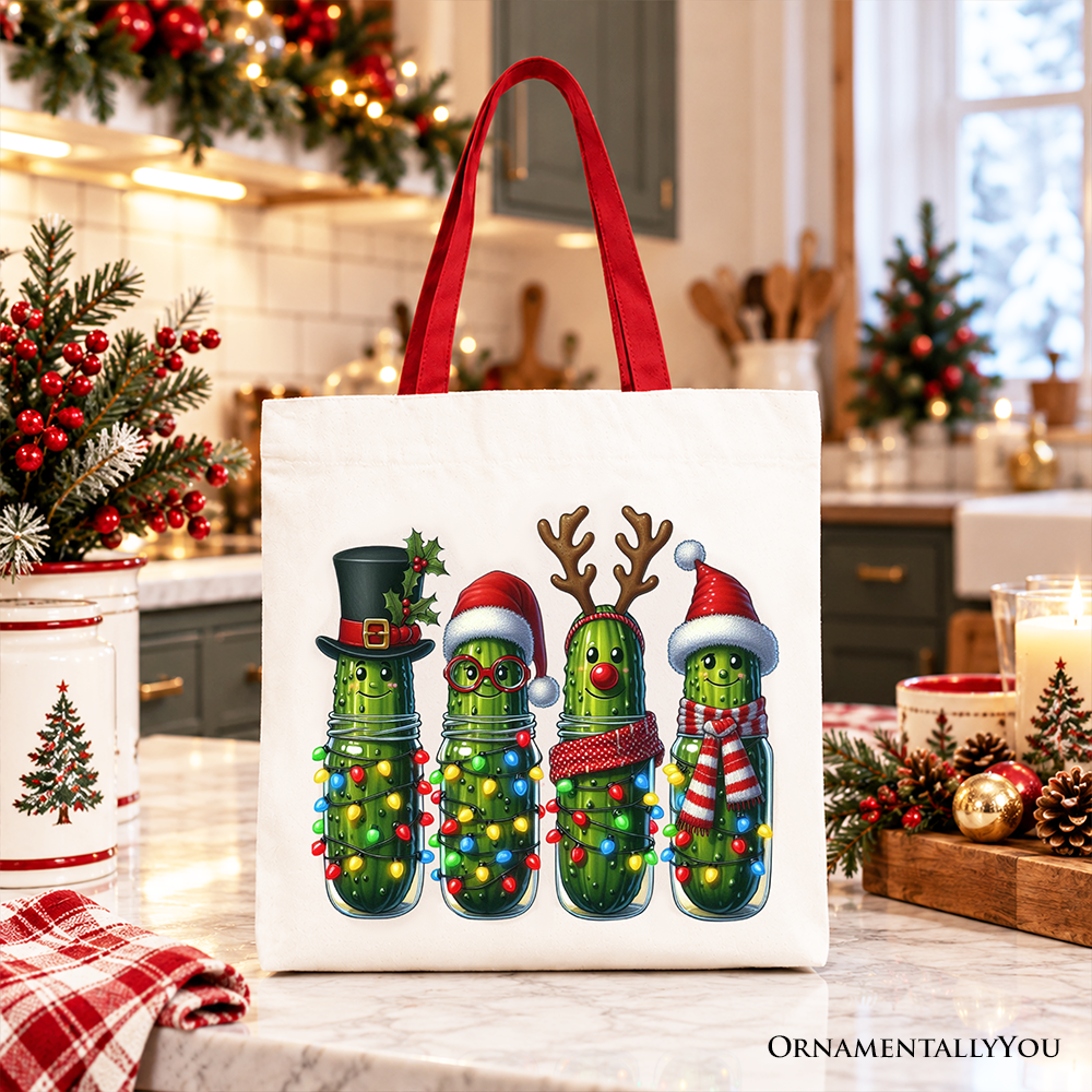 Christmas Pickles Tote Bag, Festive Holiday Cucumber Holiday Gift Shopper