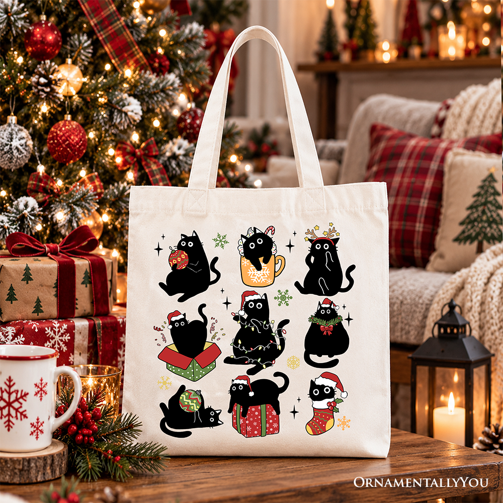 Christmas Black Cats Tote Bag, Whimsical Cats with Santa Hat Gift Shopper