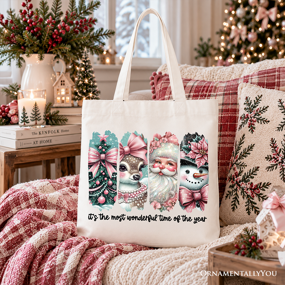 Coquette Pink Christmas Tote Bag, It's The Most Wonderful Time Of The Year Vintage Tree, Reindeer, Santa and Snowman Gift Shopper