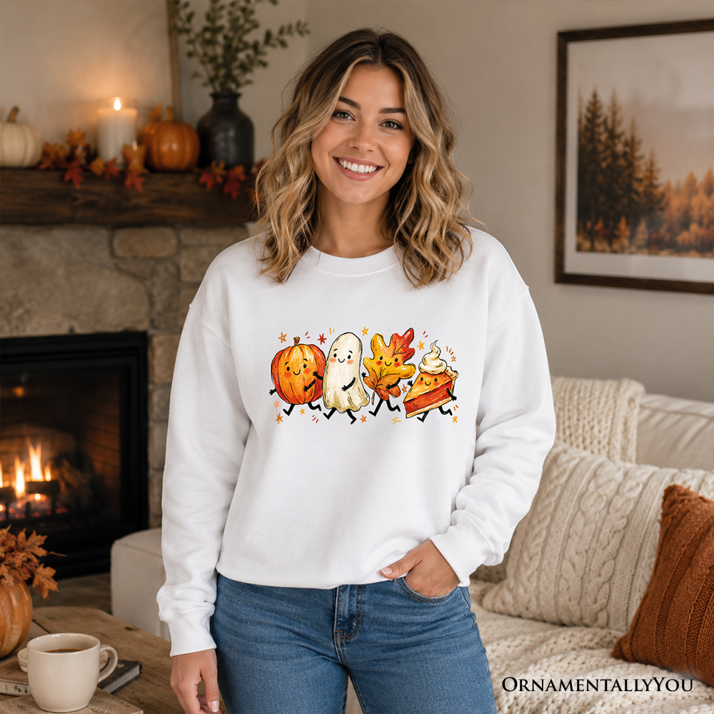 Cute Fall Characters Sweatshirt, Pumpkin Ghost Leaf Pie Autumn Sweater
