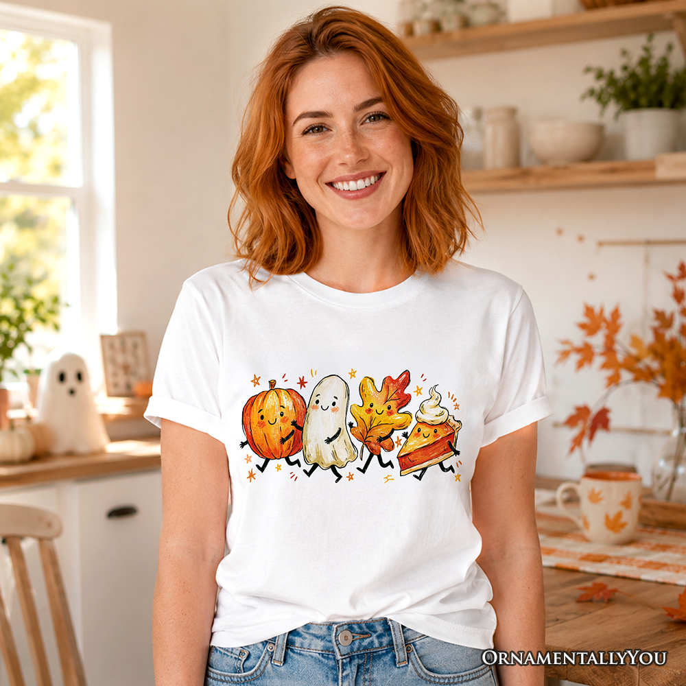 Cute Fall Characters T-Shirt, Pumpkin Ghost Leaf Pie Autumn Tee