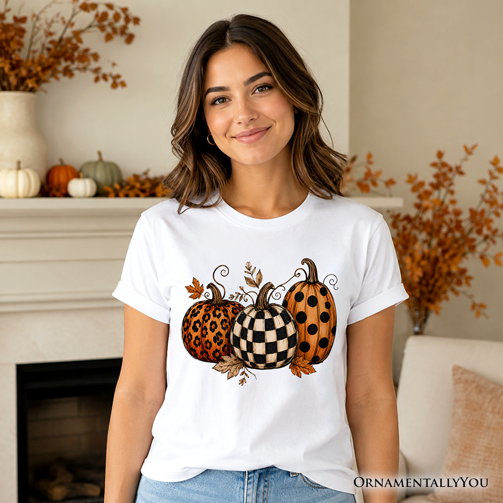 Leopard Checkered Pumpkin T-Shirt, Autumn Fall Tee