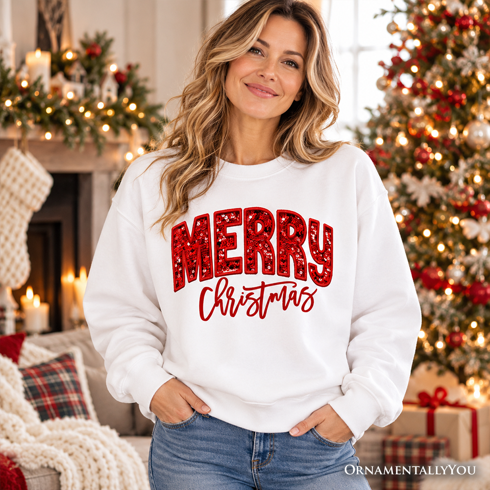 Merry Christmas Sequin Sweatshirt, Bold Red Glitter Sweater for Festive Holiday Season