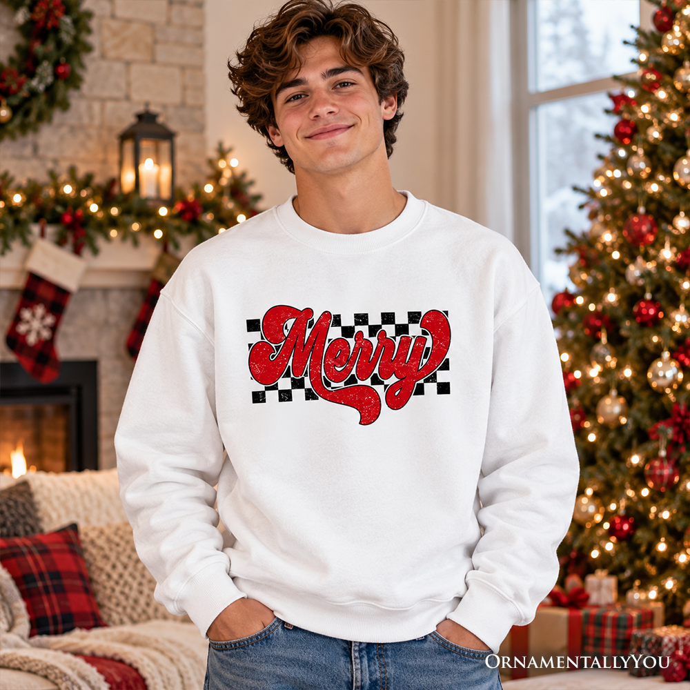 Merry Retro Sweatshirt, Christmas Checkered Sweater