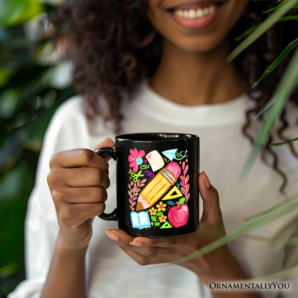 Floral Teacher Pencil Personalized Mug, Colorful Back to School Gift with Custom Name