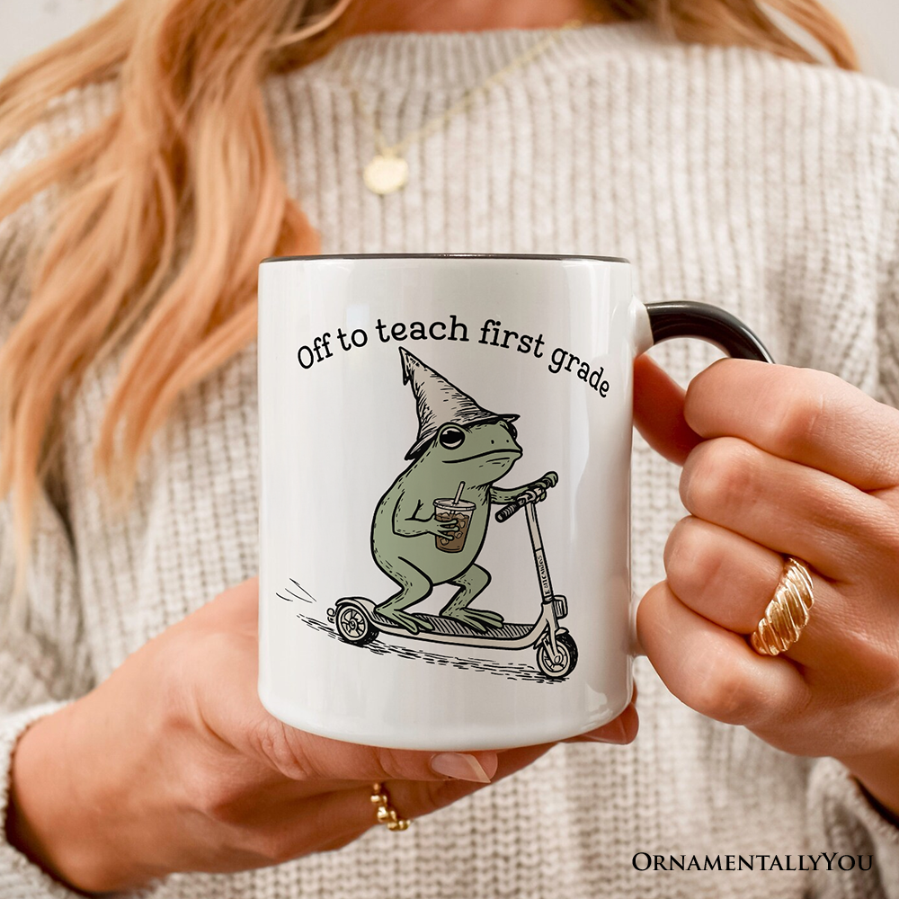 Off to Teach First Grade Frog Personalized Mug, Funny Teachers Gift with Custom Name
