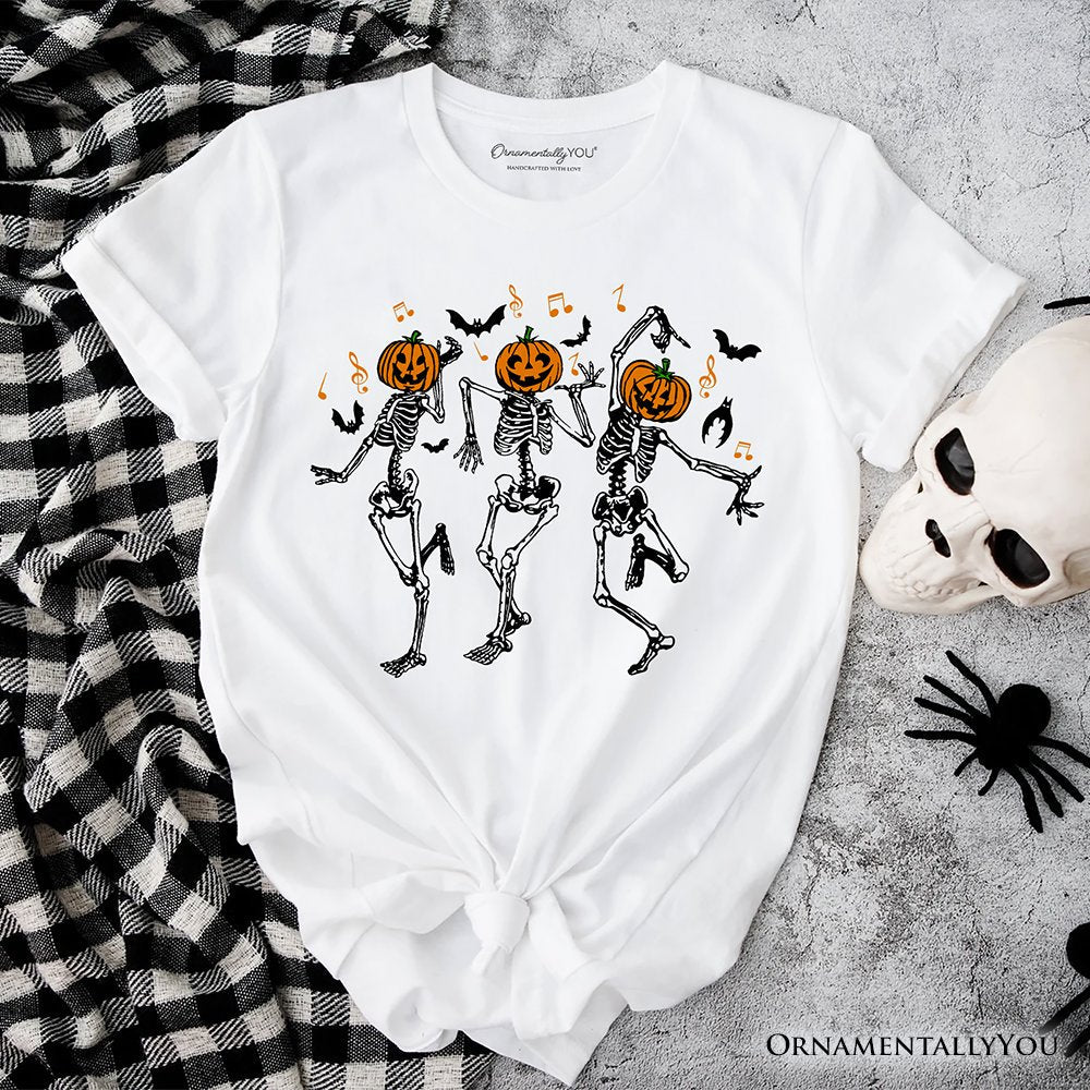 Dancing Skeletons with Pumpkin Head T-Shirt, Dry Bones Come Alive Halloween Fun Tee