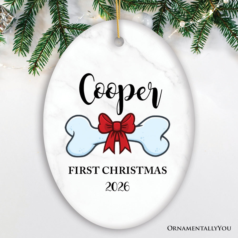 Dog Personalized Merry Woofmas Ornament With Bone, Custom Name and Date Puppy Gift